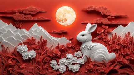 Papercut Art: A White Rabbit Under the Full Moon