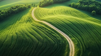 Aerial View of a Winding Road Through Lush Green Fields