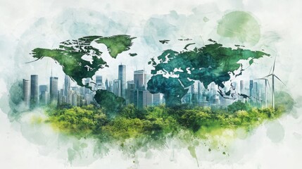 A vibrant representation of a green world map blending modern city skyscrapers and renewable energy elements.