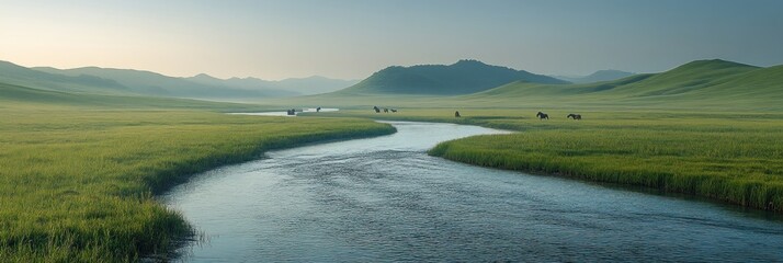 Serene River Winding Through Lush Green Meadows