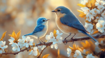 Two Blue Birds on a Branch with White Blossoms