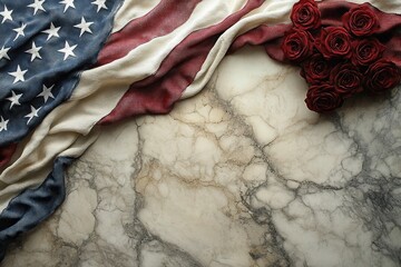 American Flag and Red Roses on Marble Background