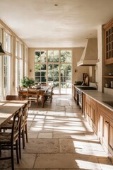 Sunlit Rustic Kitchen With Long Wooden Tables and Stone Floor