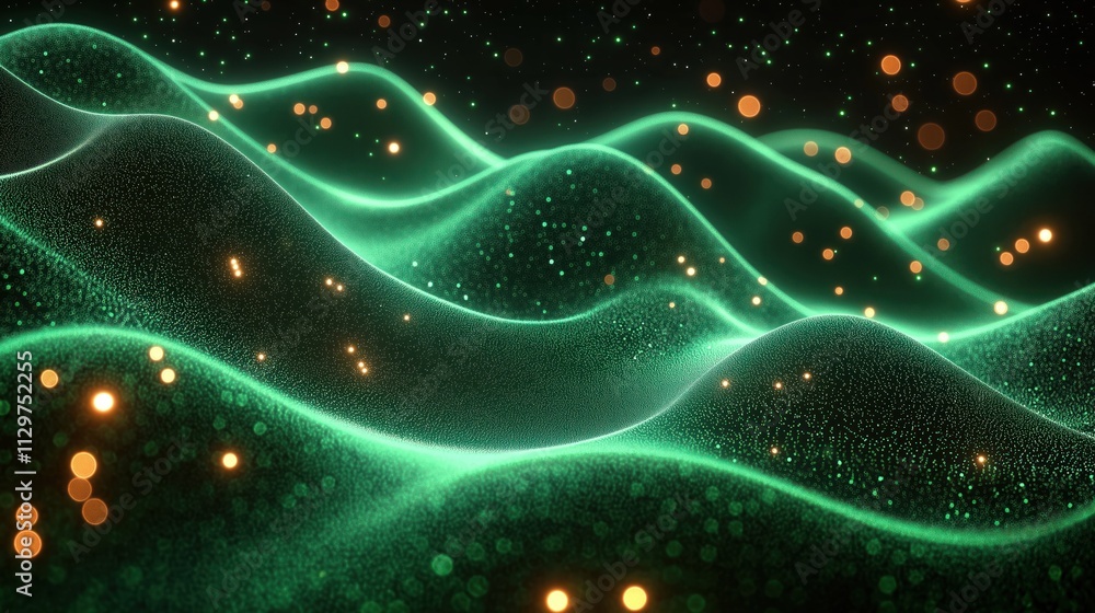 Poster abstract tech background shows flowing green waves. dynamic digital design with glowing particles. f
