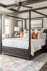 Elegant Master Bedroom With Dark Wood Four Poster Bed