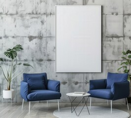 Two blue armchairs facing each other. a round coffee table with a book on it and a white canvas mock up on a concrete wall