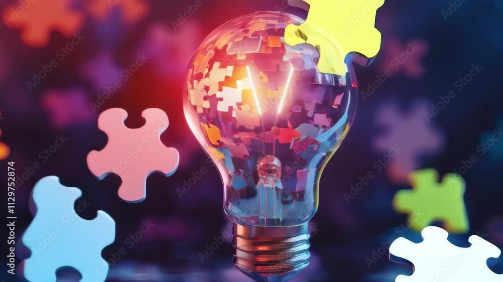 Poster a lit lightbulb filled with puzzle pieces symbolizes problem-solving and innovation. ideal for busin