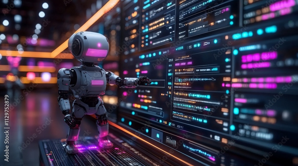 Poster ai robot managing dynamic pricing strategies in a futuristic data center environment