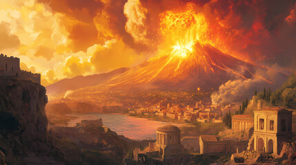The catastrophic eruption of mount vesuvius in pompeii during ancient times. Eruption. Illustration