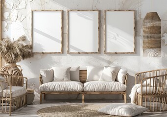 Three empty frames in a boho living room with a couch. chairs. and pampas grass