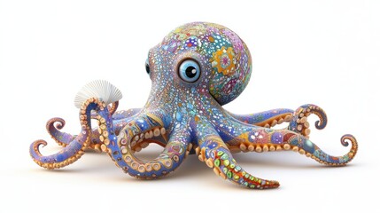 Obraz premium A cheerful 3D octopus with colorful patterns on its body, holding tiny seashells, isolated on white