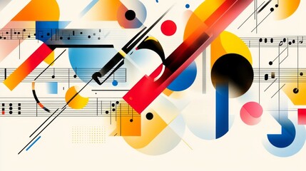 Obraz premium Colorful geometric shapes dancing with musical notes on a white backdrop