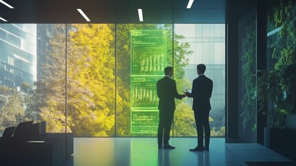 Two professionals engage in a conversation about sustainable finance strategies amid a modern office environment with green elements and large windows showcasing nature outside.