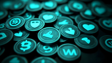 Teal social media icons pile.