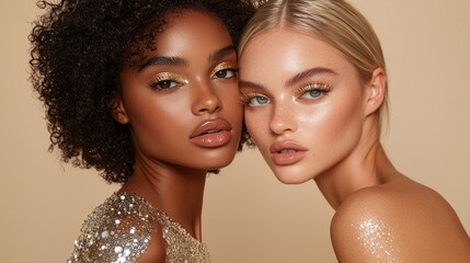 Obraz premium Glamorous models embody elegance and confidence, featuring beautiful dark curly hair and striking makeup that highlights their unique features. The warm backdrop enhances their glow