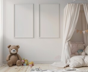 Two blank picture frames above a teddy bear and a canopy bed in a white nursery
