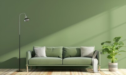Minimalist living room with a green sofa. floor lamp. and potted plant against a green wall