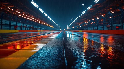 Wet asphalt racing track under stadium lights at night. Racing cars absent. Rain reflects stadium lights creating vibrant colors. Motorsport action shown in exciting evening race. High-quality photo.
