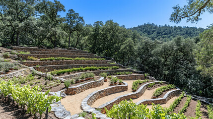 Terraced hillside garden with herbs, vines, and stone pathways.