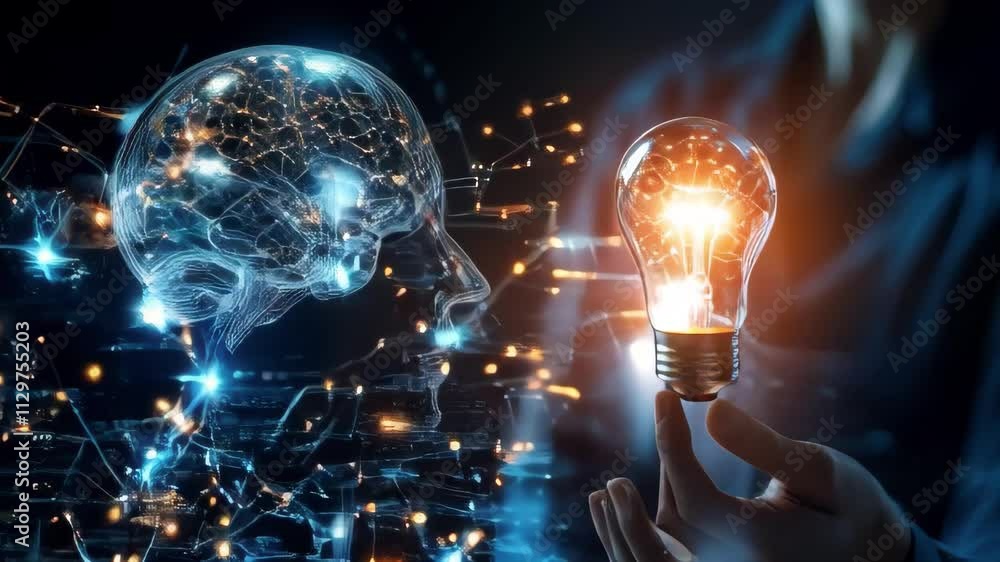 Poster a hand holds a glowing light bulb, symbolizing an idea, with a digital brain in the background. perf