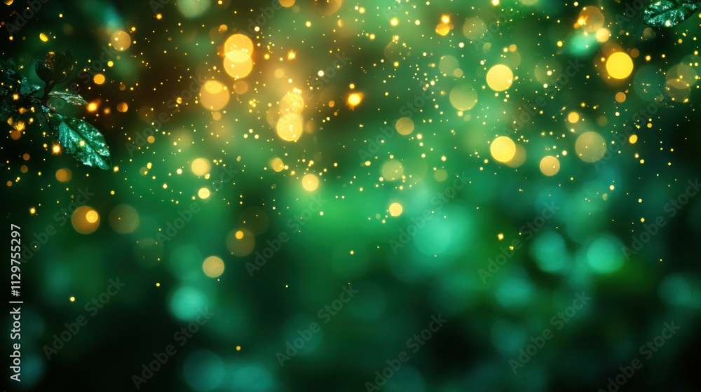 Poster green bokeh light flare effect on black background for overlay and texture