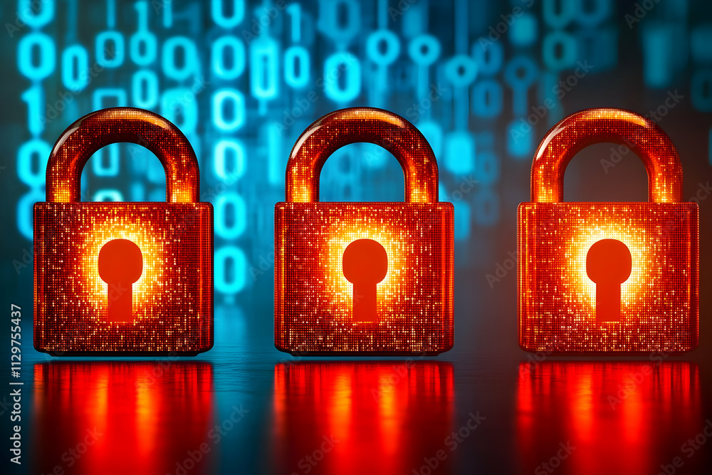 Poster three glowing red padlocks against a binary code background.