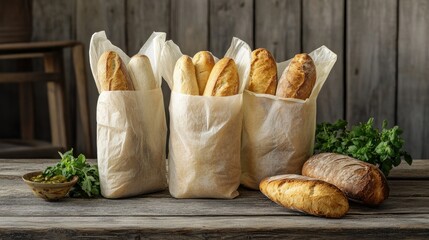 Freshly Baked Artisan Breads Wrapped in Rustic Paper Bags