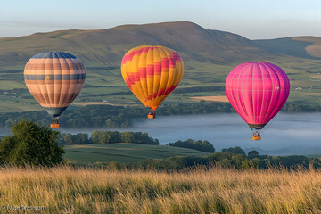 Obraz premium Three hot air balloons soar over a misty valley at sunrise.