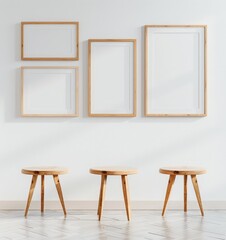 Three wooden stools in front of a white wall with five empty wooden picture frames