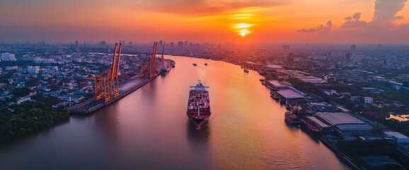 Aerial View of a Cargo Ship at Sunset