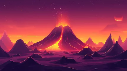 Gardinen Lava landscape with volcano. Eruption. Illustration © Thiago