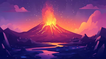 Selbstklebende Fototapeten Lava landscape with volcano. Eruption. Illustration © Thiago