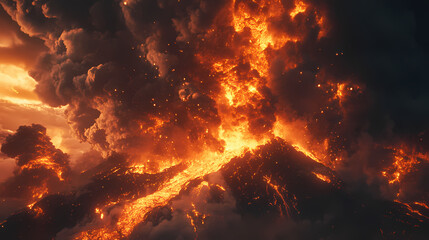 Massive volcano eruption spews hot lava flows, gigantic ash clouds, and toxic gases into the atmosphere, illuminating the darkening sky with fiery orange hues. Eruption. Illustration