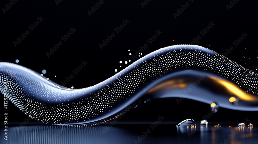 Poster abstract metallic wave with glowing particles.