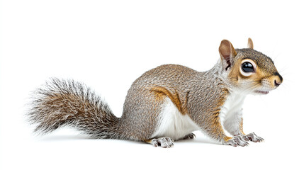 Obraz premium Closeup of cute beautiful little small brown squirrel isolated on white background. fluffy and furry forest woodland rodent animal, adorable and funny mammal, baby, beauty, tail.