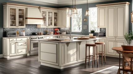 Elegant Cream Kitchen With Island And Dark Flooring
