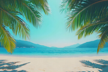 Tropical beach scene with palm trees framing a view of turquoise water and sandy shore.