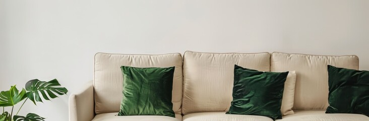 Cream sofa with green velvet pillows in a minimalist interior