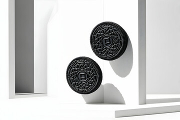 Two black cookies on a white background.