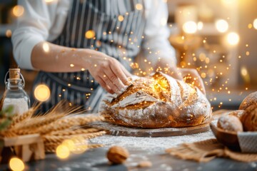 Strong hands skillfully knead dough on a floured surface the warm atmosphere of the indoor bakery enhances the tactile joy of bread making evoking a sense of comfort and creativity.