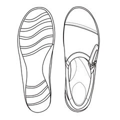 Women's Loafers Slip On with zipper Shoes Line art, Technical sketch hand drawing outline vector doodle top and bottom view isolated on white background for coloring page
