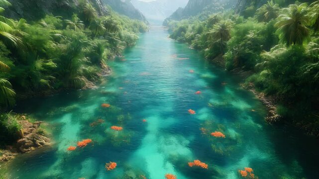 Forests with lake habitats in 10,000 BC with a variety of aquatic creatures and vegetation. The ecosystem maintains the biodiversity of the natural world, providing a home for a range of water species