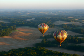 Fototapeta premium Two hot air balloons soar over a vast, scenic landscape at sunrise.