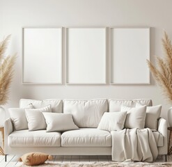 Minimalist living room interior with white sofa. three blank frames. and pampas grass