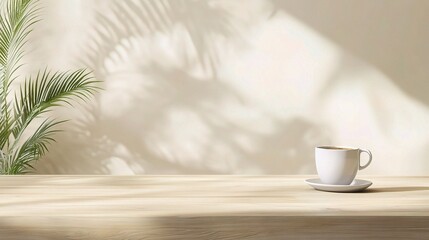 Obraz premium Minimalistic Home Office with Plants and Coffee on Wooden Table