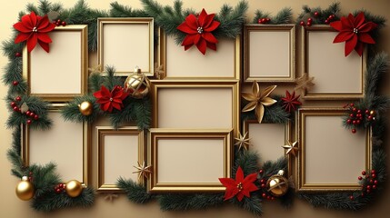 Christmas photo frames arranged in collage style. Gold frames with decorative Christmas elements like fir branches red poinsettias, golden baubles. Empty frames ready for custom photo insertions.