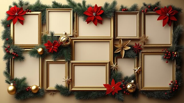 Christmas photo frames arranged in collage style. Gold frames with decorative Christmas elements like fir branches red poinsettias, golden baubles. Empty frames ready for custom photo insertions.
