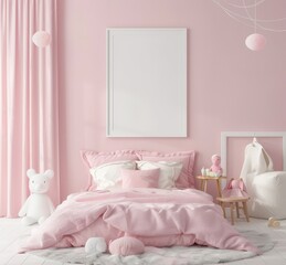 A pink and white bedroom with a bed. a nightstand. and a large empty frame on the wall