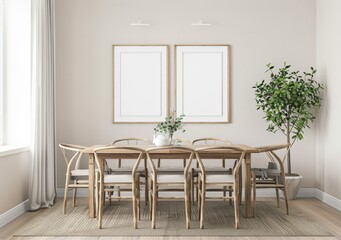 Fototapeta premium Minimalist dining room with wooden table. chairs. and two empty frames above