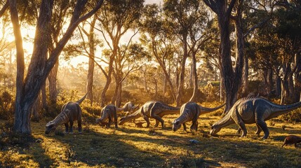 A high angle wide shot of a group of dinosaurs grazing peacefully in a vast open meadow surrounded by towering ancient trees, under the warm glow of a setting sun, with dramatic shadows highlighting t